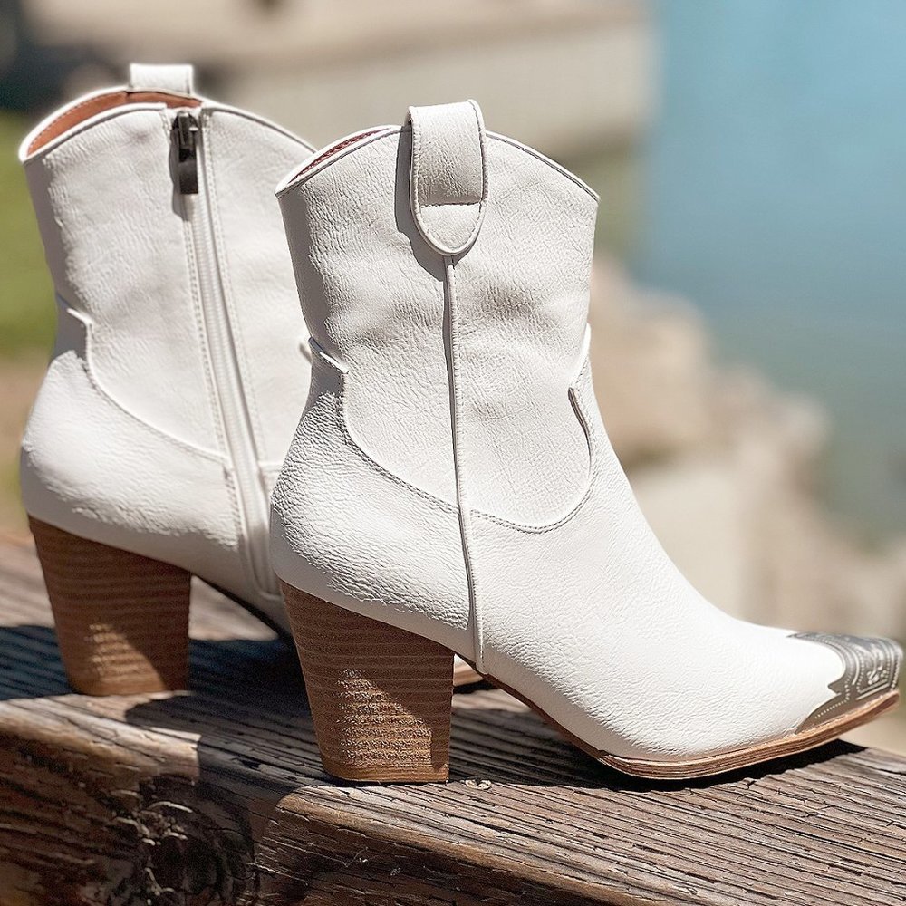 NEW White PU Leather Metal Cap Toe Block Heel Cowgirl Cowboy Western Ankle Boots - Picture 14 of 16